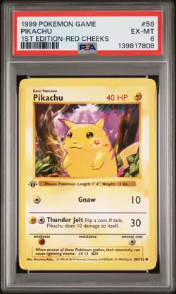 1999 POKEMON GAME 1ST ED-RED CHEEKS #58 PIKACHU PSA 6 - Image 1