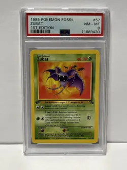 1999 Pokemon Fossil Zubat # 57/62 1st Edition PSA 8 - Image 1