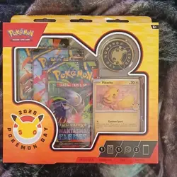Pokemon TCG Pokemon Day 2026 Sealed Box Promo Pikachu Card Coin 3 Booster Packs - Image 1