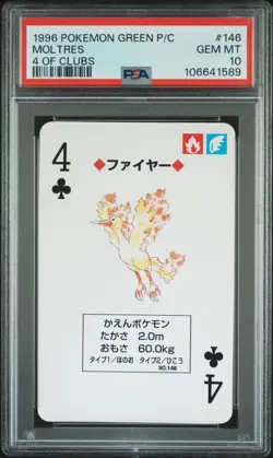 1996 POKEMON GREEN VERSION PLAYING CARDS 4 OF CLUBS #146 MOLTRES PSA 10 - Image 1