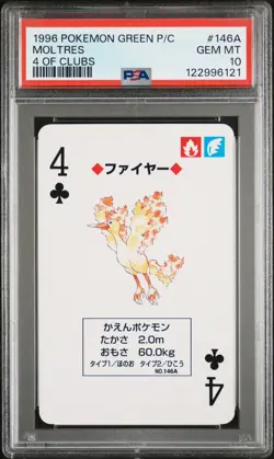1996 POKEMON GREEN VERSION PLAYING CARDS 4 OF CLUBS #146A MOLTRES PSA 10 - Image 1