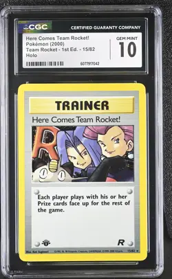 CGC 10 GEM MINT Here Comes Team Rocket! 1st Edition 15/82 Holo Pokemon Card - Image 1