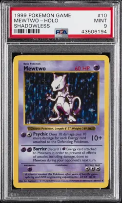 1999 POKEMON BASE SET SHADOWLESS #10 MEWTWO HOLO PSA 9 - Image 1