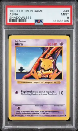 Pokemon Card Abra 43/102 Shadowless Base Set 1999 PSA 9 MINT - Image 1