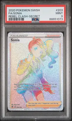 Pokemon Sonia Full Art Rebel Clash 203/192 Secret Rainbow Rare PSA 9 - Image 1