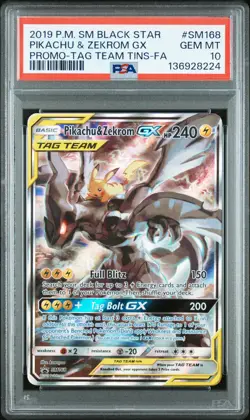 PIKACHU & ZEKROM GX #SM168 2019 POKEMON BLACK STAR PROMO | TAG TEAM TINS PSA 10 - Image 1