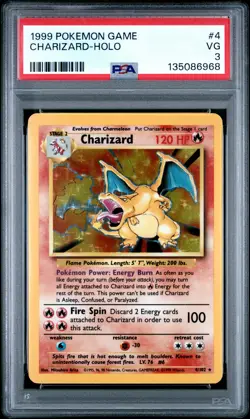 1999 POKEMON BASE SET UNLIMITED #4 CHARIZARD-HOLO PSA 3 - Image 1