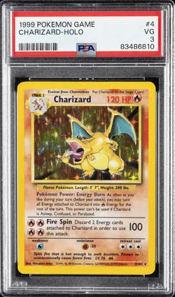 1999 POKEMON BASE SET UNLIMITED #4 CHARIZARD-HOLO PSA 3 - Image 1