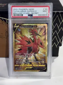 Pokemon Brilliant Stars Galarian Zapdos v 182/172 PSA 9 Secret Rare Gold - Image 1
