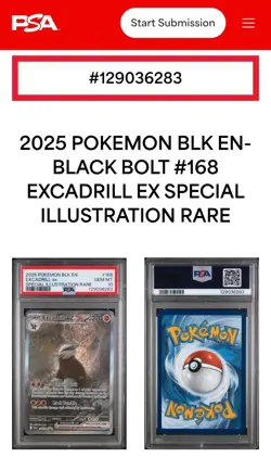 2025 POKEMON BLK EN-BLACK BOLT SPECIAL ILLUSTRATION RARE EXCADRILL EX 168 PSA 10 - Image 1