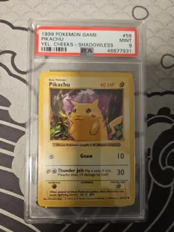 PSA 9 Pikachu Shadowless Pokemon Card 58/102 WOTC Base Set Red Cheeks Mislabeled - Image 1