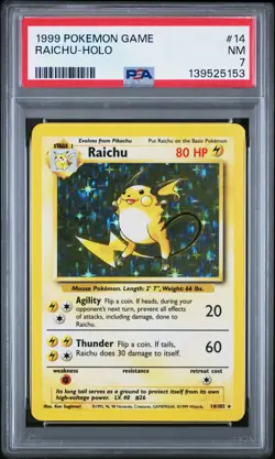 1999 POKEMON BASE SET UNLIMITED #14 RAICHU-HOLO PSA 7 - Image 1