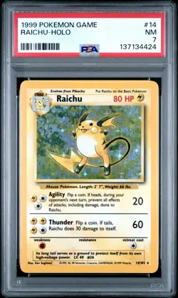 1999 POKEMON BASE SET UNLIMITED #14 RAICHU-HOLO PSA 7 - Image 1