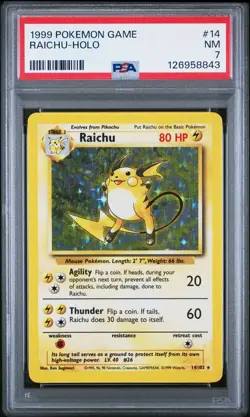 1999 POKEMON BASE SET UNLIMITED #14 RAICHU-HOLO PSA 7 - Image 1