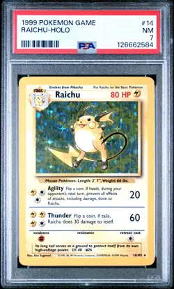 1999 POKEMON BASE SET UNLIMITED #14 RAICHU-HOLO PSA 7 - Image 1