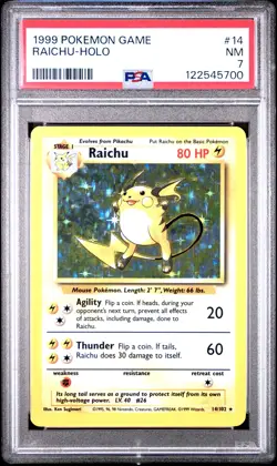 1999 POKEMON BASE SET UNLIMITED #14 RAICHU-HOLO PSA 7 - Image 1