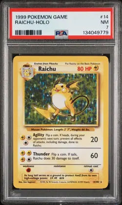 1999 POKEMON BASE SET UNLIMITED #14 RAICHU-HOLO PSA 7 - Image 1