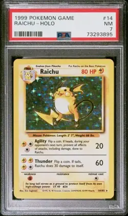 1999 POKEMON BASE SET UNLIMITED #14 RAICHU-HOLO PSA 7 - Image 1