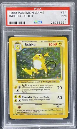 1999 POKEMON BASE SET UNLIMITED #14 RAICHU-HOLO PSA 7 - Image 1