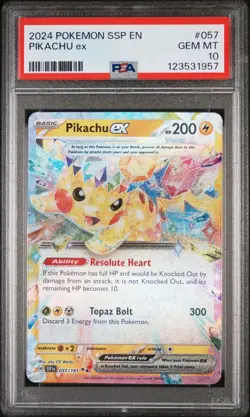 2024 Pokemon Surging Sparks Pikachu ex #057 SSP PSA 10 Gem Mint - Image 1