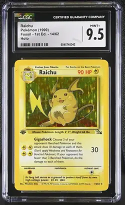 CGC 9.5 MINT+ Raichu 1999 Fossil 1st Edition 14/62 Holo Pokemon Card - Image 1