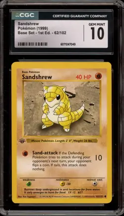 Pokemon Sandshrew Base Set Shadowless 1st Edition #62 CGC 10 Gem Mint - Image 1