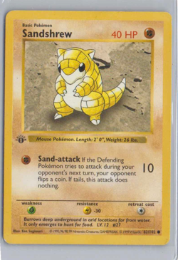 1999 Pokemon Base Set 1st Edition Sandshrew 62/102 Common Shadowless - Image 1