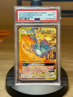 2019 POKEMON SUN & MOON HIDDEN FATES #44 MOLTRES & ZAPDOS & ARTICUNO GX PSA 10 - Image 1