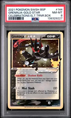 2021 POKEMON SWSH CELEBRATIONS ETB PROMO #144 GRENINJA-GOLD STAR PSA 8 - Image 1
