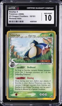 2006 POKEMON DRAGON FRONTIERS REVERSE HOLO #10 SNORLAX CGC 10 GEM MINT - Image 1