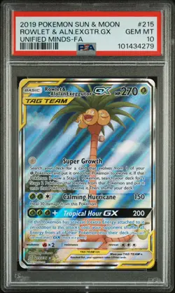 2019 POKEMON SM UNIFIED MINDS #215 FULL ART/ROWLET & ALOLAN EXEGGUTOR GX PSA 10 - Image 1