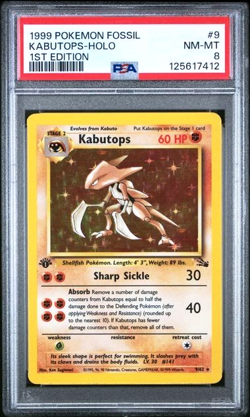 NM-MINT 1999 Pokemon Fossil Kabutops 1st Edition Holo #9 PSA 8 - Image 1