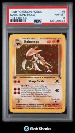 1999 POKEMON FOSSIL 1ST EDITION #9/62 KABUTOPS HOLO RARE PSA 8 - Image 1