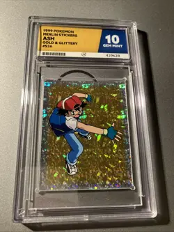 Pokemon Merlin Stickers Ash S26 Gold and Glittery 1999 Ace Grading 10 Gem Mint - Image 1