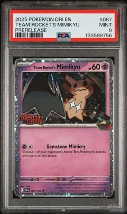 PSA 9 MINT 2025 Pokemon Destined Rivals TEAM ROCKET'S MIMIKYU #087 Prerelease - Image 1