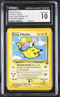 CGC 10 GEM MINT Flying Pikachu Black Star Promo 25 Pokemon League Pokemon Card - Image 1
