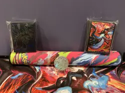 Mega Charizard UPC Game Mat, Charizard Metal Coin, Card Sleeves , And Deck Box! - Image 1
