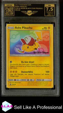 ASHS PIKACHU POKEMON SM108 2017 SUN & MOON BLACK STAR PROMO GERMAN AP 7.5 - Image 1