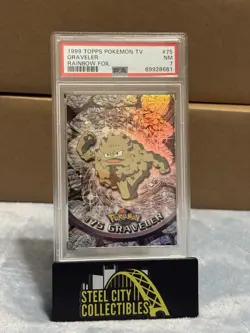1999 Topps Pokemon TV #75 Graveler Rainbow Foil Black Logo PSA 7 NM - Image 1