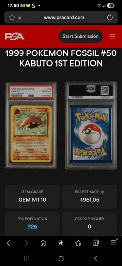 Kabuto Fossil PSA 10 1999 Vintage 1st Edition 50/62 Pokemon TCG - Image 3