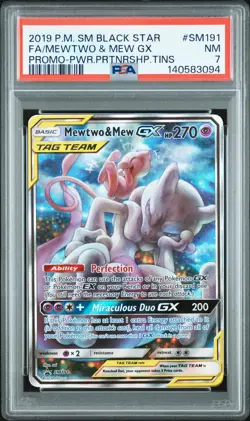 2019 POKEMON SM BLACK STAR PROMO #SM191 FULL ART/MEWTWO & MEW GX PSA 7 - Image 1