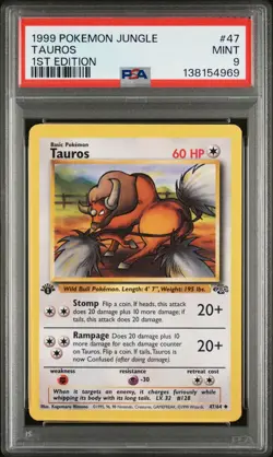 1999 Pokemon Jungle 1st Edition Tauros 47 FRESHLY GRADED PSA 9 MINT - Image 1