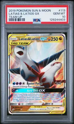 2019 POKEMON SUN & MOON TEAM UP #113 LATIAS & LATIOS GX PSA 10 - Image 1