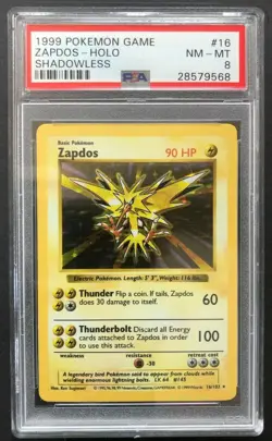 1999 Pokemon Game Zapdos Holo PSA 8 Shadowless Mint 16/102 Unlimited Base Set 16 - Image 1