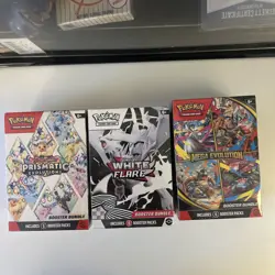 3 Pokemon Booster Bundles -White Flare, Prismatic Evolutions, Mega Evolutions - Image 1