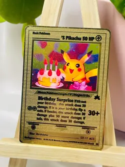 Birthday Pikachu - Collectible Gold Metal Card For Display Only Tracked Postage! - Image 1