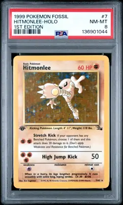 1999 POKEMON FOSSIL 1ST EDITION #7 HITMONLEE-HOLO PSA 8 - Image 1