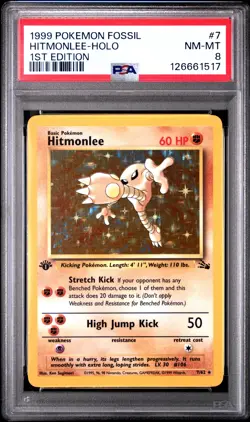 1999 POKEMON FOSSIL 1ST ED #7 HITMONLEE-HOLO PSA 8 - Image 1