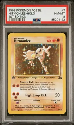 1999 POKEMON FOSSIL 1ST EDITION #7 HITMONLEE-HOLO PSA 8 - Image 1