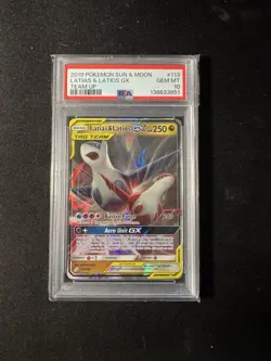 2019 POKEMON SUN & MOON TEAM UP #113 LATIAS & LATIOS GX PSA 10 - Image 1